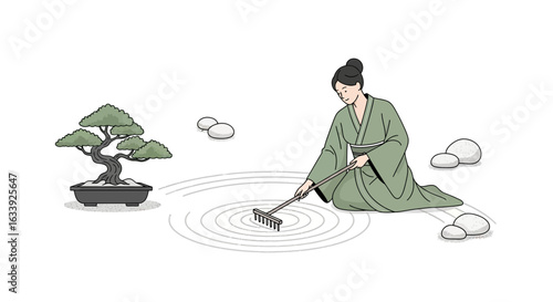Woman In Kimono Raking Sand Creating Peace And Harmony In A Zen Garden