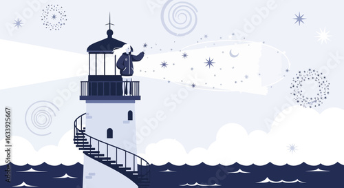 Woman In Lighthouse Sending Signals To The Night Sky Filled With Stars
