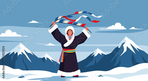 Woman In Traditional Clothing Holding Prayer Flags With Mountains In Background