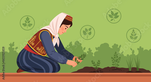 Woman In Traditional Clothes Planting Seedlings In The Garden Illustration
