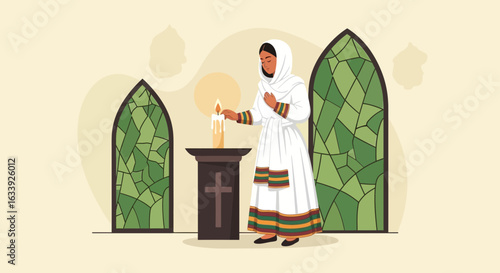 Woman In Traditional Dress Lights Candle In Elegant Ethiopian Church