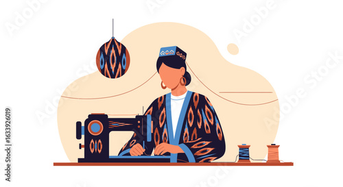 Woman In Traditional Dress Sewing Textile On Machine In Her Workshop