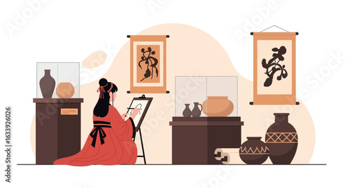 Woman In Traditional Dress Sketching Pottery At An Ancient Artifacts Exhibition