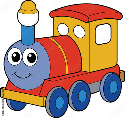 Isolated toy plastic red locomotive and a yellow wooden dump truck with a fun car model on a black background