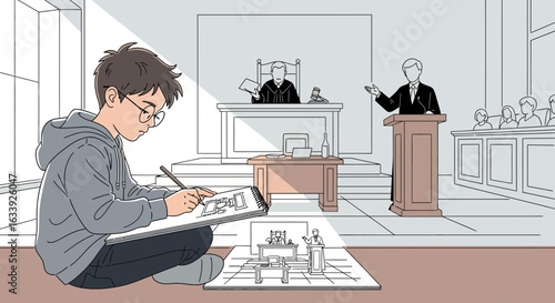 Young Artist Sketching Miniature Courtroom Model With Attention To Detail