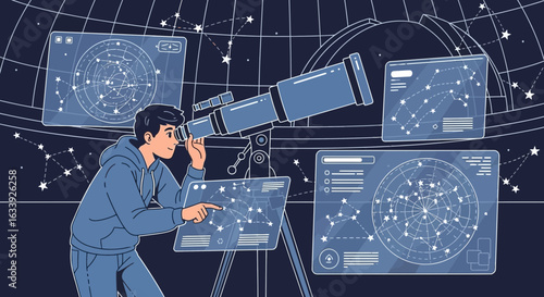 Young Astronomer Explores Constellations With Modern Technology In The Observatory