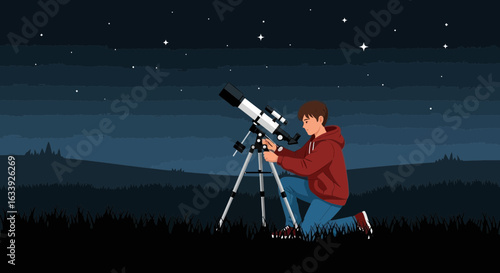 Young Astronomer Explores the Starry Night Sky With His Telescope