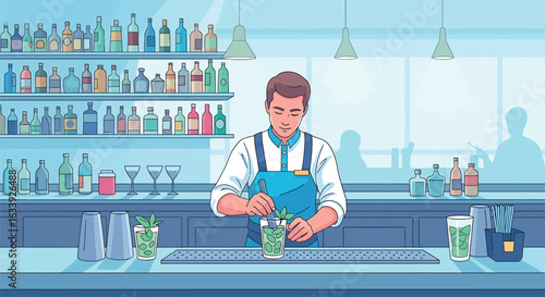 Professional Bartender Mixing Cocktail at Bar Counter Flat Design Illustration