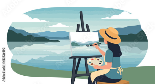 Woman Painting Serene Landscape Scene Outdoors on Canvas With Easel