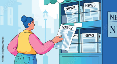 Woman Buying Newspaper at Newsstand - Daily News and Information Illustration