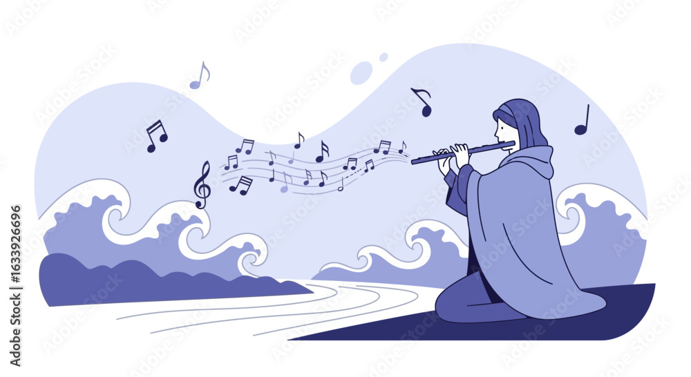 Naklejka premium Woman Playing Flute by the Sea With Notes Floating on the Wind