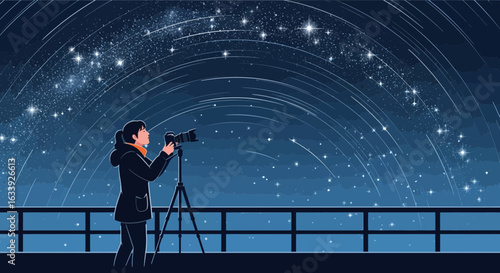 Woman Photographer Capturing Magical Star Trails On A Dark Night Outdoors