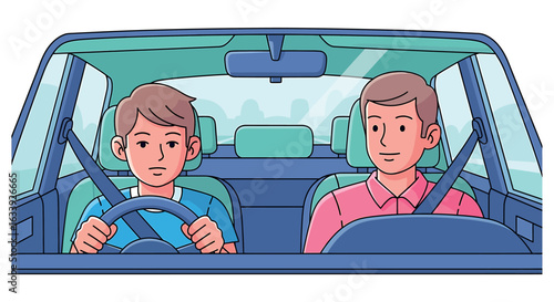 Boy Learning to Drive with Adult: Road Safety Lesson Vector Illustration