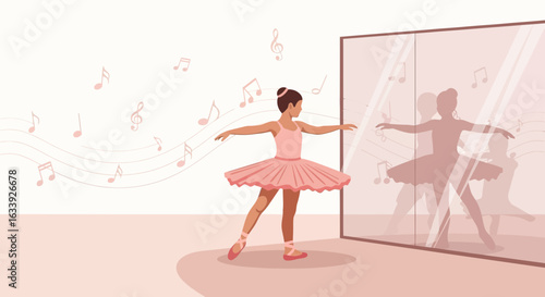 Young Ballerina Practices Classical Ballet Moves in Front of a Mirror