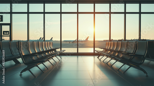 Empty waiting room with benches at the airport with a view of the runway, airport waiting area with large windows at dawn, generative ai