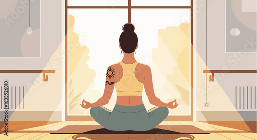 Woman Practicing Mindfulness Meditation In A Bright Morning Sunlight At Home