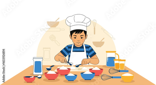 Young Boy Baking in the Kitchen with Utensils Ready to Mix and Prepare Food