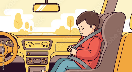 Young Boy Buckling Up In Yellow Car For Road Trip Journey Ahead Illustration