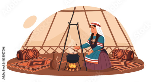 Woman Preparing Food in Traditional Yurt at Home with Cozy Atmosphere