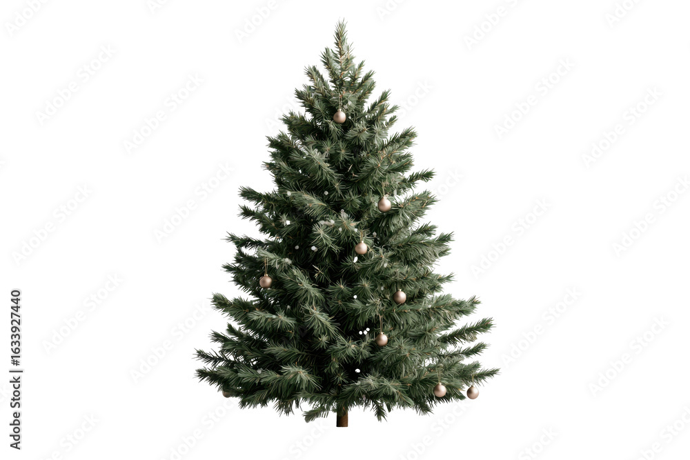 Fototapeta premium Bushy Christmas tree with simple decorations, featuring soft green branches and subtle ornaments, brings festive spirit to any space. Its natural appearance enhances holiday cheer