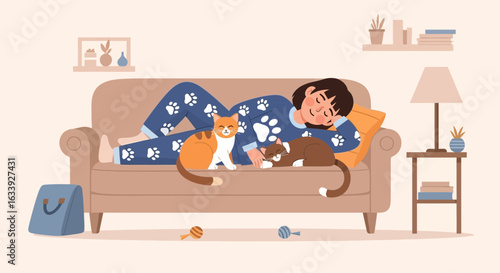 Woman Resting With Her Beloved Cats At Home Peacefully And Contentedly