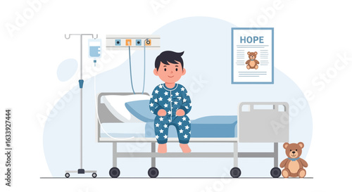 Young Boy With Hope Poster In Hospital Room Depicting Childhood Illness
