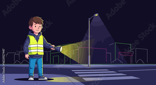 Young Boy With Flashlight Walks on Street at Night With Safety Vest