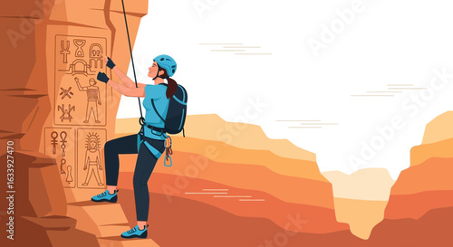 Woman Rock Climbing On Ancient Hieroglyphic Wall Adventures In The Desert