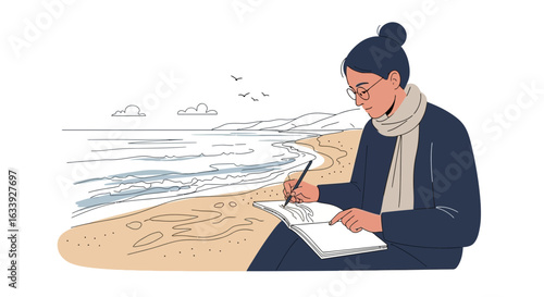 Woman Sketching Seaside Scene Capturing Tranquility And Artistic Inspiration