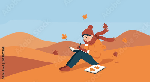 Young Man Writing in a Notebook Surrounded by Autumnal Hues of Nature