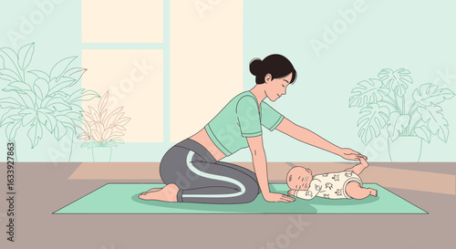 Young Mother Stretching with Her Baby On the Living Room Floor Together