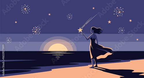Woman Touching A Falling Star At Sunset On A Sandy Beach Landscape