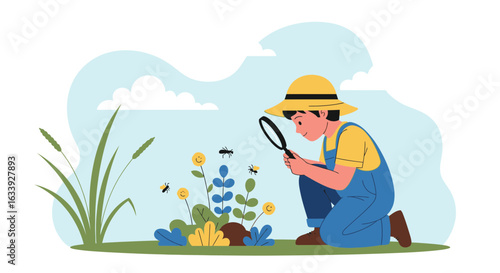 Young Naturalist Explores Tiny World With Magnifying Glass In Nature Setting