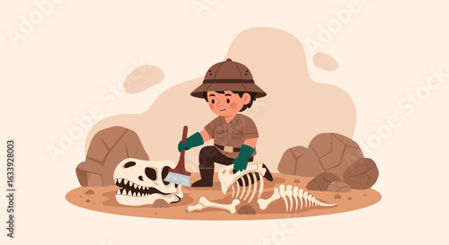 Young Paleontologist Carefully Excavates Ancient Dinosaur Bones In Desert Landscape