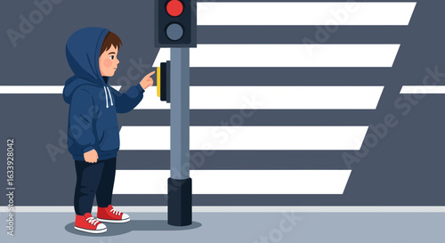 Young Pedestrian Pressing The Crosswalk Button at Intersection For Safety