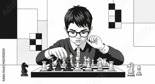 Young Player Concentrating On Chess Game Strategy Thinking Move Plan