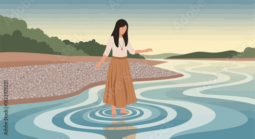Woman Walks Freely In A Serene Lake Embracing Nature And Finding Peaceful Solitude