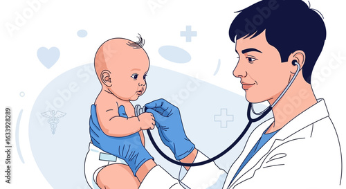 Young Doctor Examining Little Baby With Stethoscope During Medical Checkup