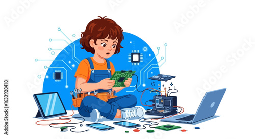 Young Engineer Assembling Electronic Components In Home Workshop Setup