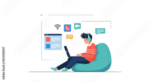 Young Professional Enjoying Remote Work in Comfortable Beanbag Chair Illustration