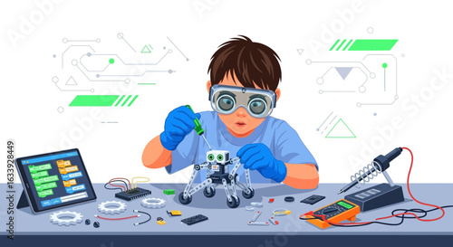 Young Engineer Building A Robot Early Science Education Concept Illustration