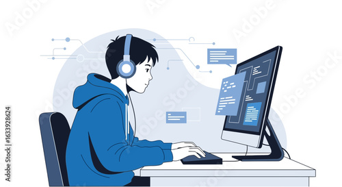 Young Programmer Concentrated On The Computer Screen While Wearing Headphones