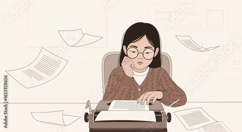 Woman Writer Thinking Creative Process Working At Typewriter Surrounded By Paper Sheets