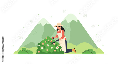 Woman Working In The Garden Cutting Bushes With Mountains In The Background