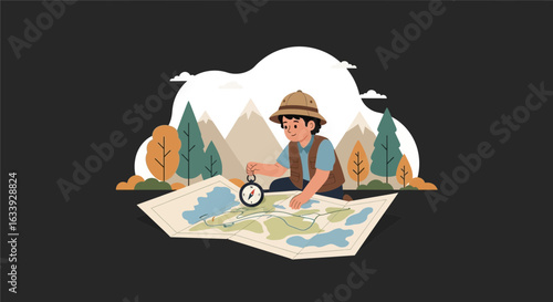 Young Explorer Determines His Location Using Map and Compass In Nature