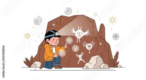 Young Explorer Discovering Ancient Cave Paintings And Symbols On Mountain Rock