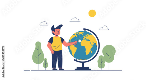 Young Explorer Discovering Continents And Oceans On A Globe Outdoors