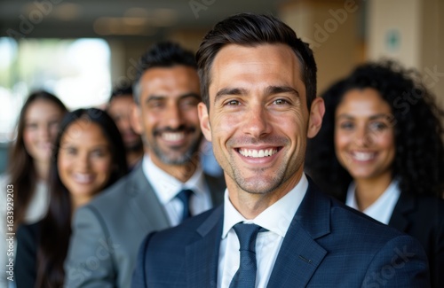 Confident businessman smiling with diverse colleagues in a professional setting