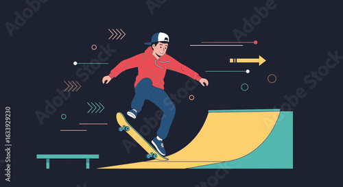 Young Skateboarder Rides Ramp With Colorful Background Design Illustration