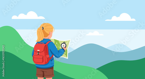 Young Explorer Navigating Mountains With Compass And Map Discovering The Outdoors